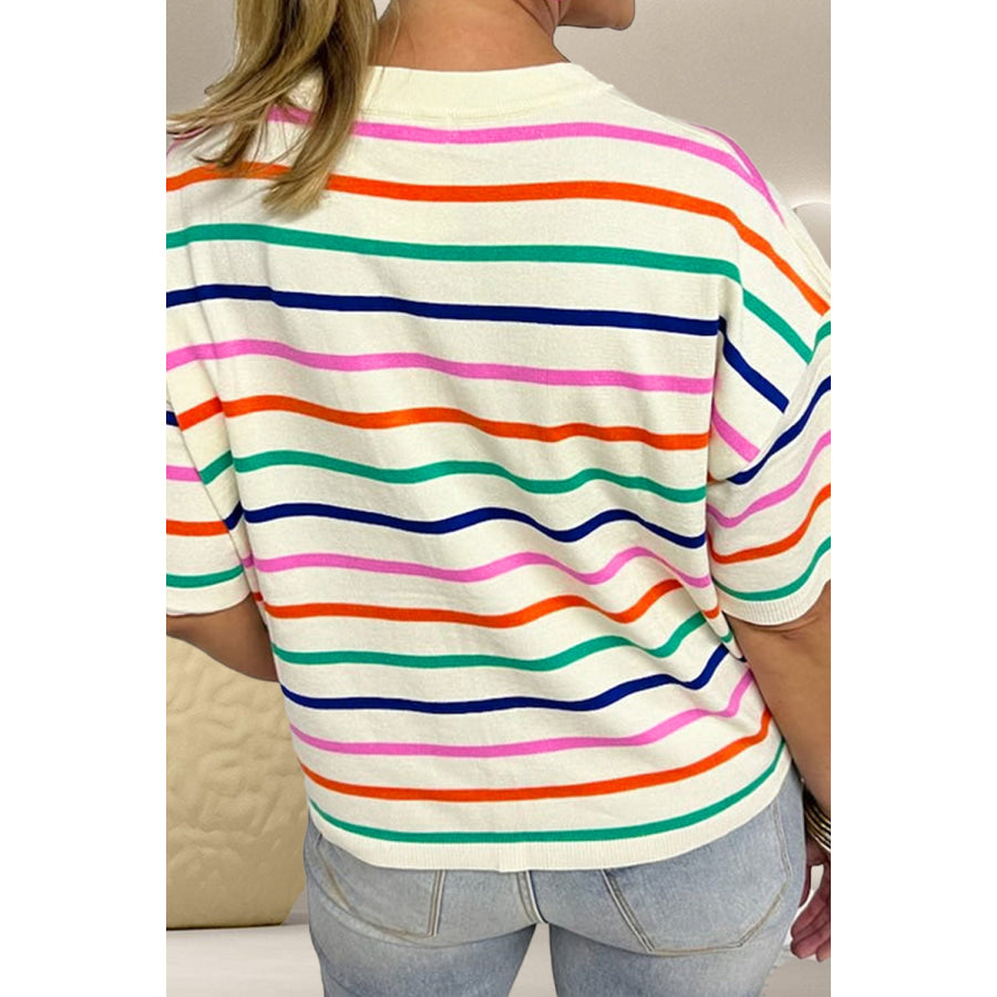 Striped Round Neck Half Sleeve Knit Top Apparel and Accessories