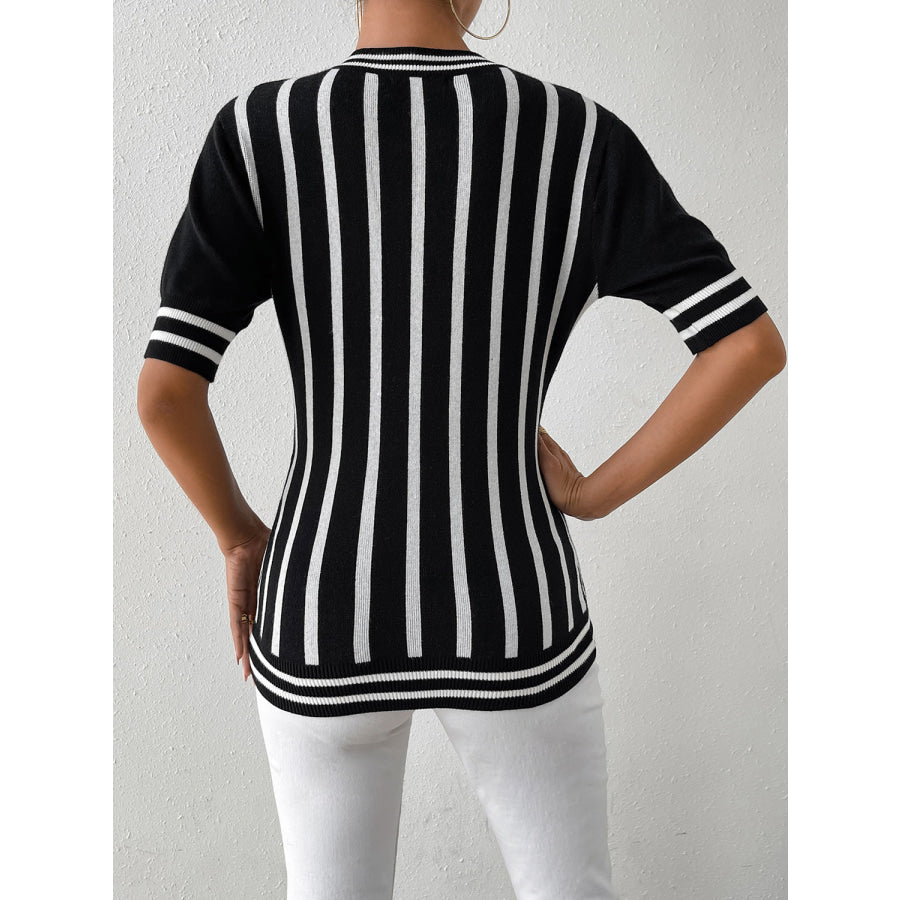 Striped Round Neck Half Sleeve Knit Top Apparel and Accessories