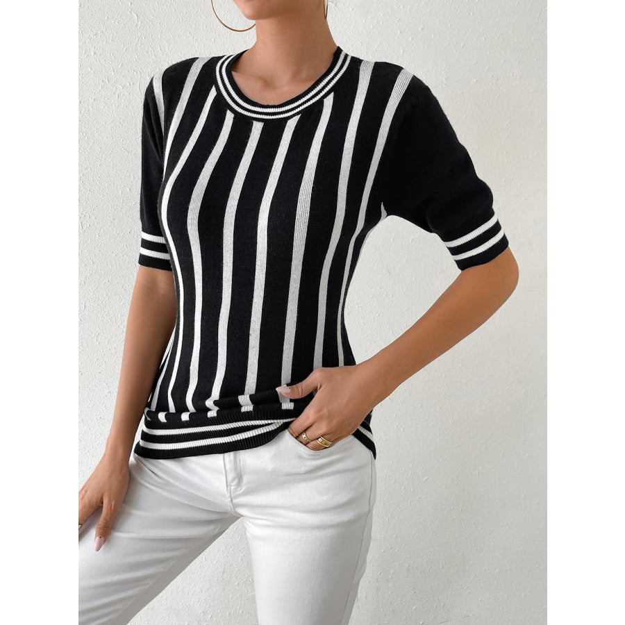 Striped Round Neck Half Sleeve Knit Top Black / S Apparel and Accessories