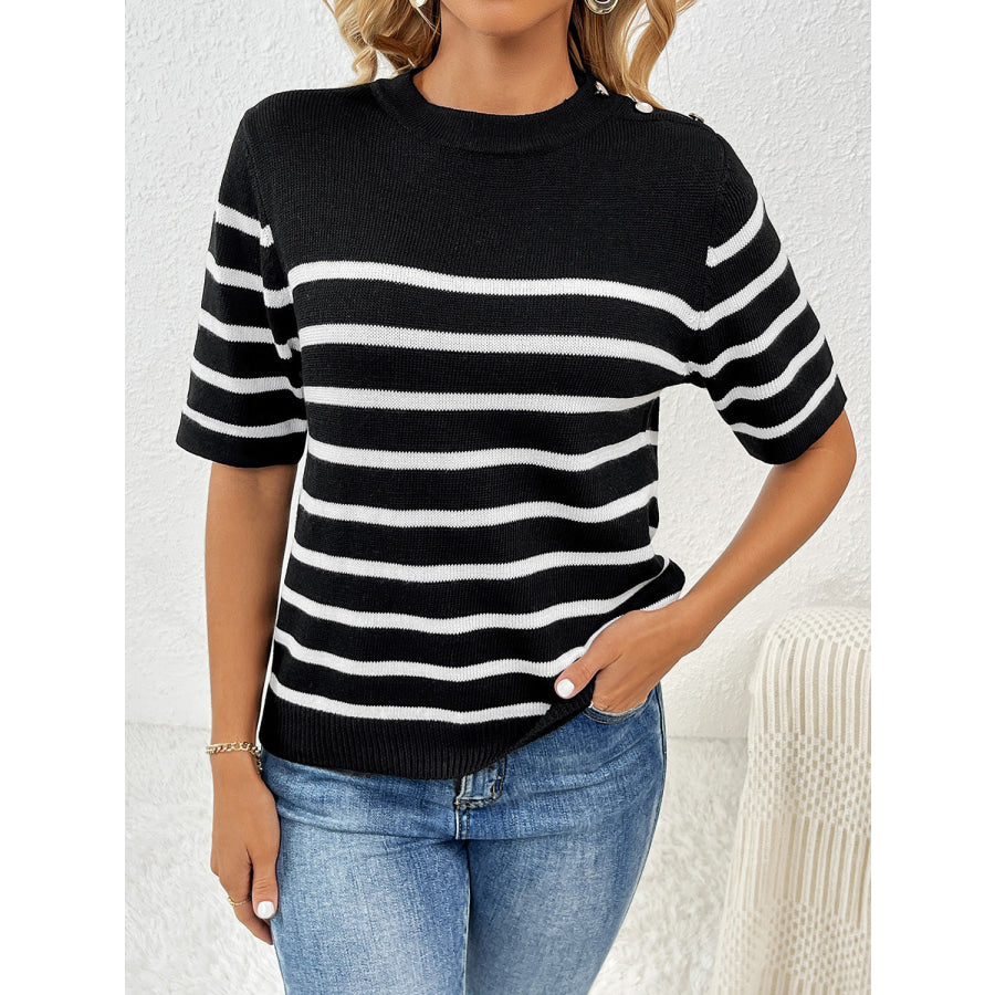 Striped Round Neck Half Sleeve Knit Top Black / S Apparel and Accessories