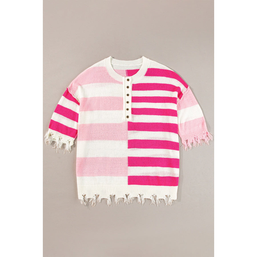 Striped Round Neck Half Sleeve Knit Top Hot Pink / S Apparel and Accessories