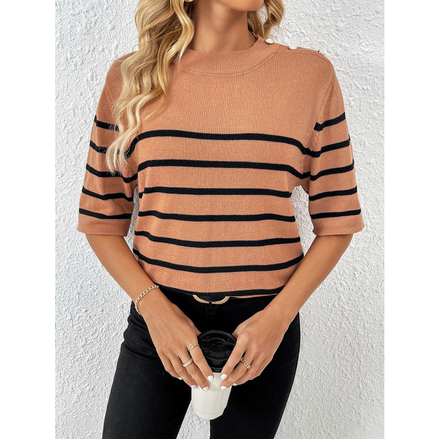 Striped Round Neck Half Sleeve Knit Top Ochre / S Apparel and Accessories