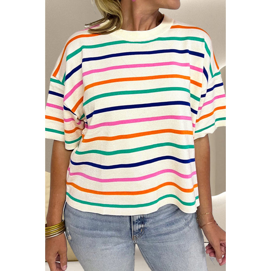 Striped Round Neck Half Sleeve Knit Top Stripe / S Apparel and Accessories