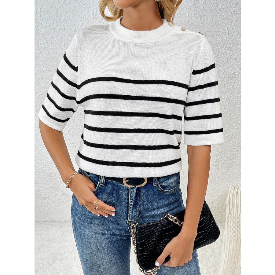 Striped Round Neck Half Sleeve Knit Top White / S Apparel and Accessories