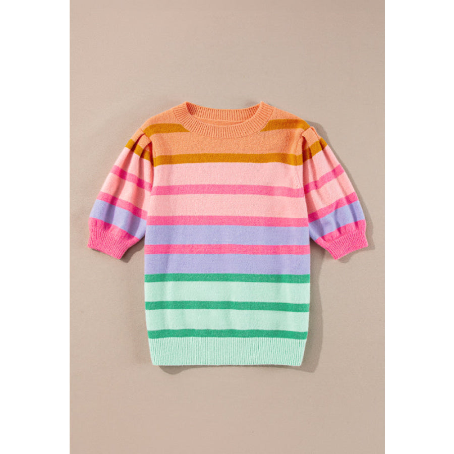 Striped Round Neck Half Sleeve Sweater Apparel and Accessories