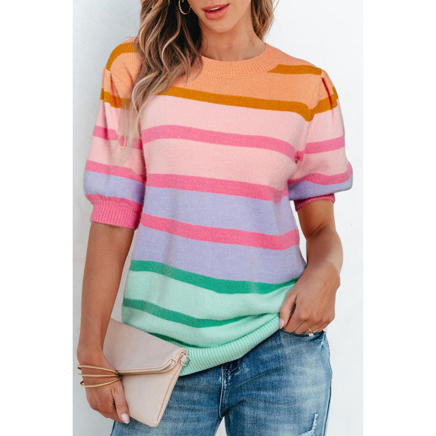 Striped Round Neck Half Sleeve Sweater Apparel and Accessories