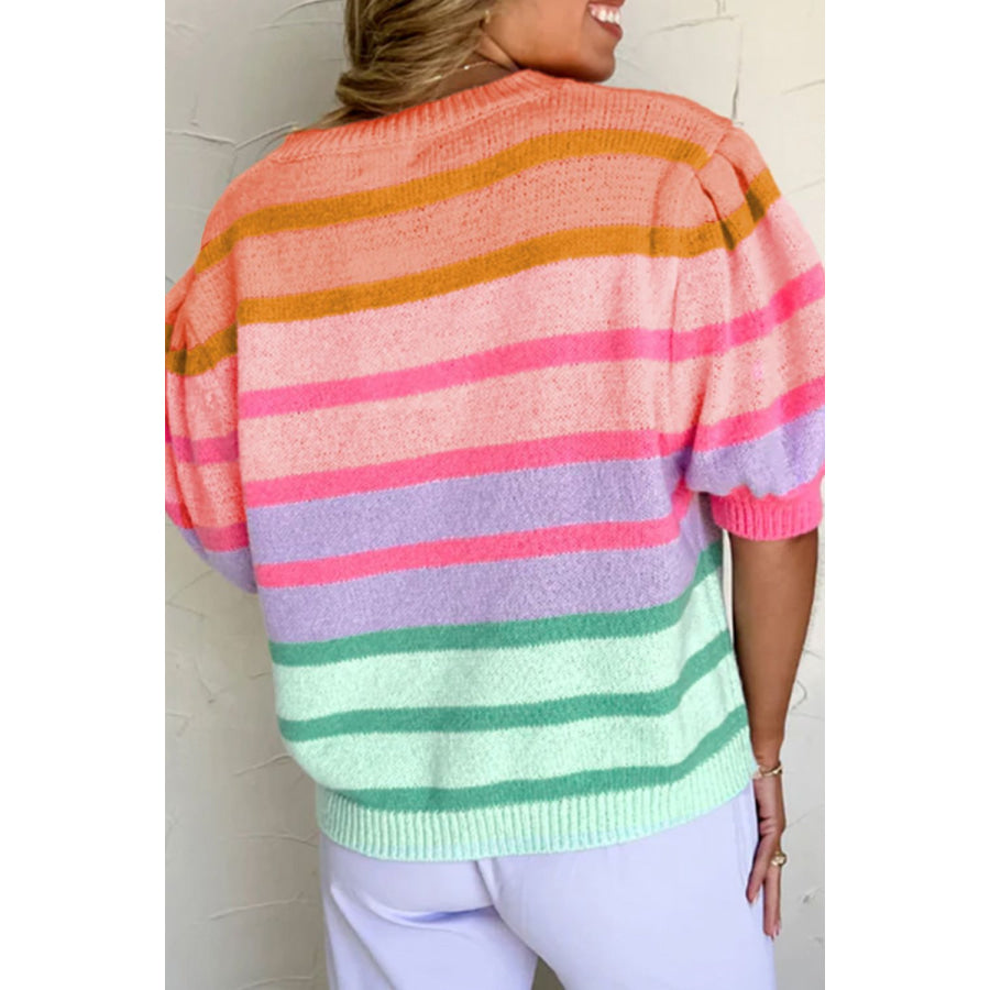 Striped Round Neck Half Sleeve Sweater Apparel and Accessories