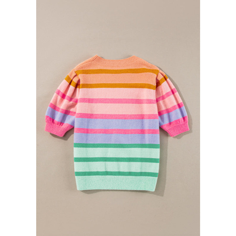 Striped Round Neck Half Sleeve Sweater Apparel and Accessories