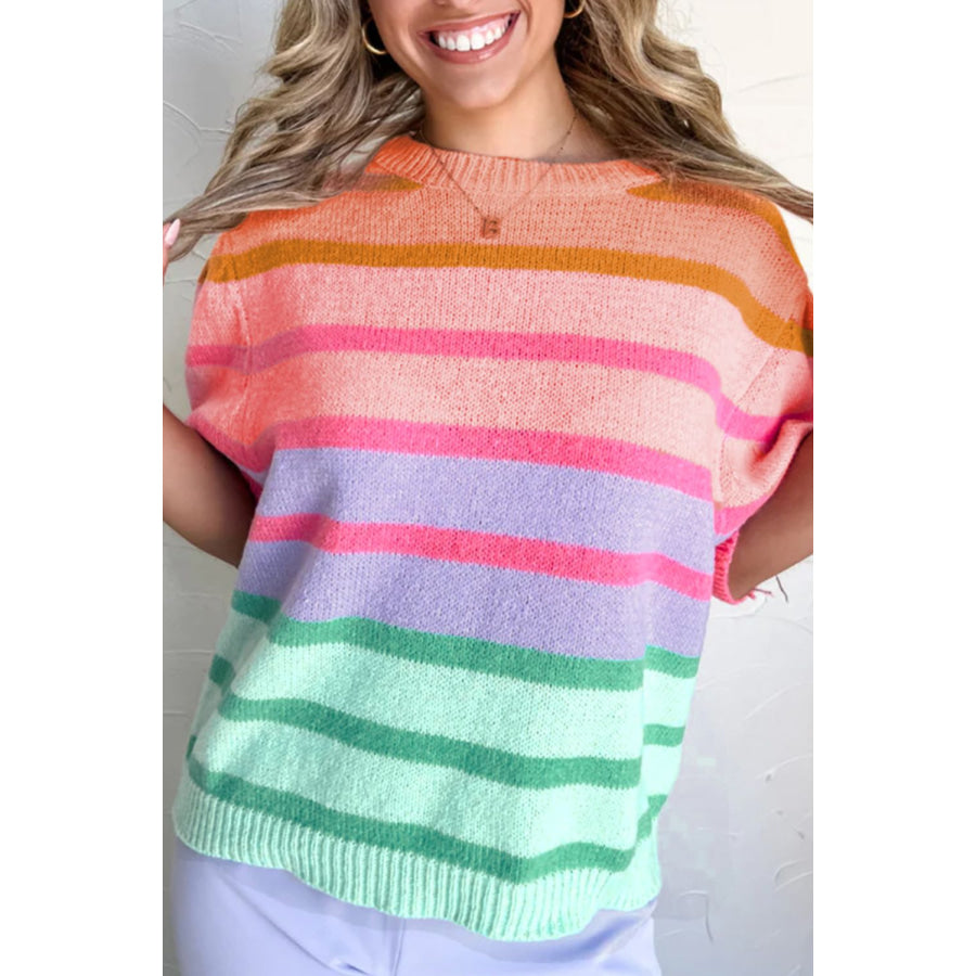 Striped Round Neck Half Sleeve Sweater Stripe / S Apparel and Accessories