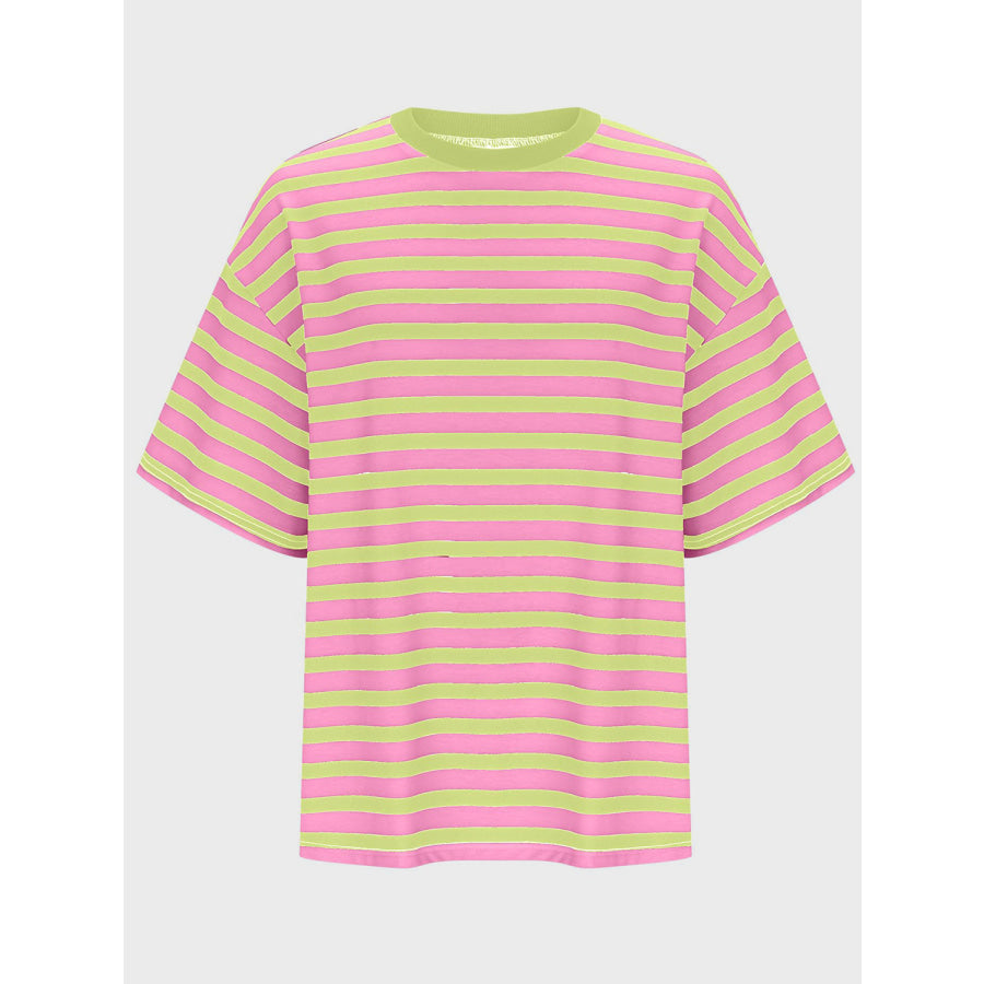 Striped Round Neck Half Sleeve T-Shirt Lime / S Apparel and Accessories