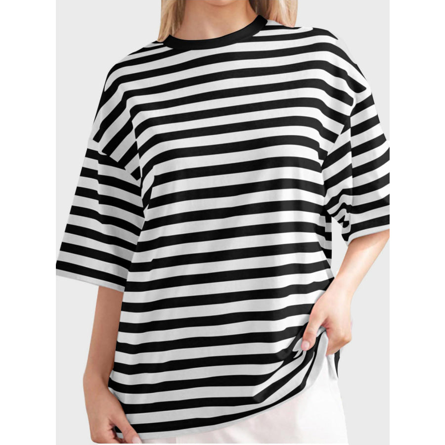 Striped Round Neck Half Sleeve T-Shirt Black / S Apparel and Accessories