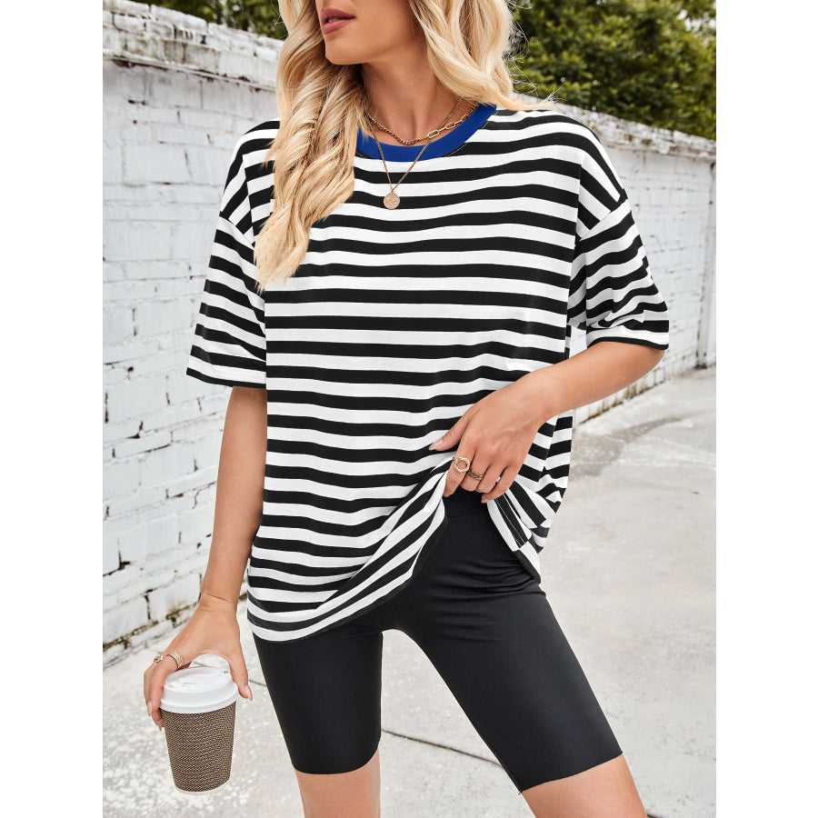 Striped Round Neck Half Sleeve T-Shirt Black / S Apparel and Accessories
