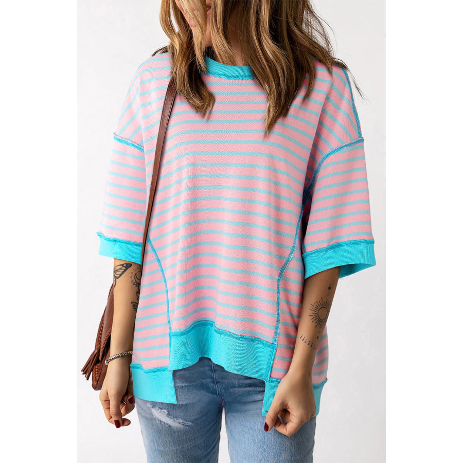 Striped Round Neck Half Sleeve T-Shirt Blush Pink / S Apparel and Accessories