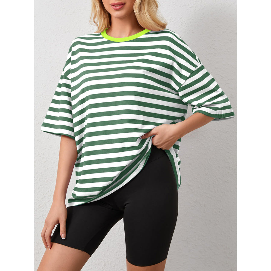 Striped Round Neck Half Sleeve T-Shirt Dark Green / S Apparel and Accessories