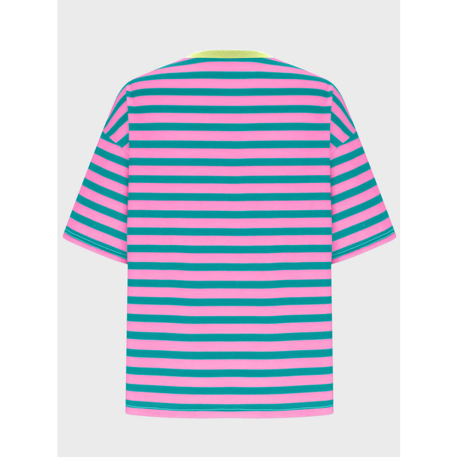 Striped Round Neck Half Sleeve T-Shirt Deep Rose / S Apparel and Accessories