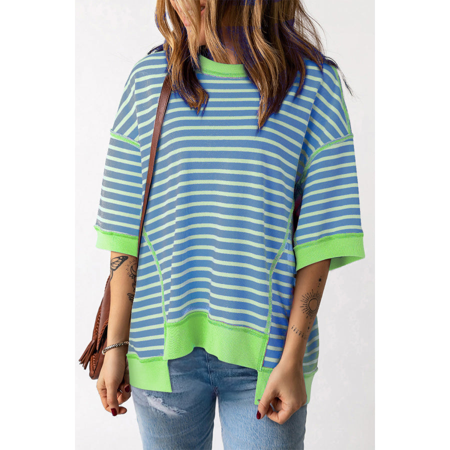 Striped Round Neck Half Sleeve T-Shirt Dusty Blue / S Apparel and Accessories