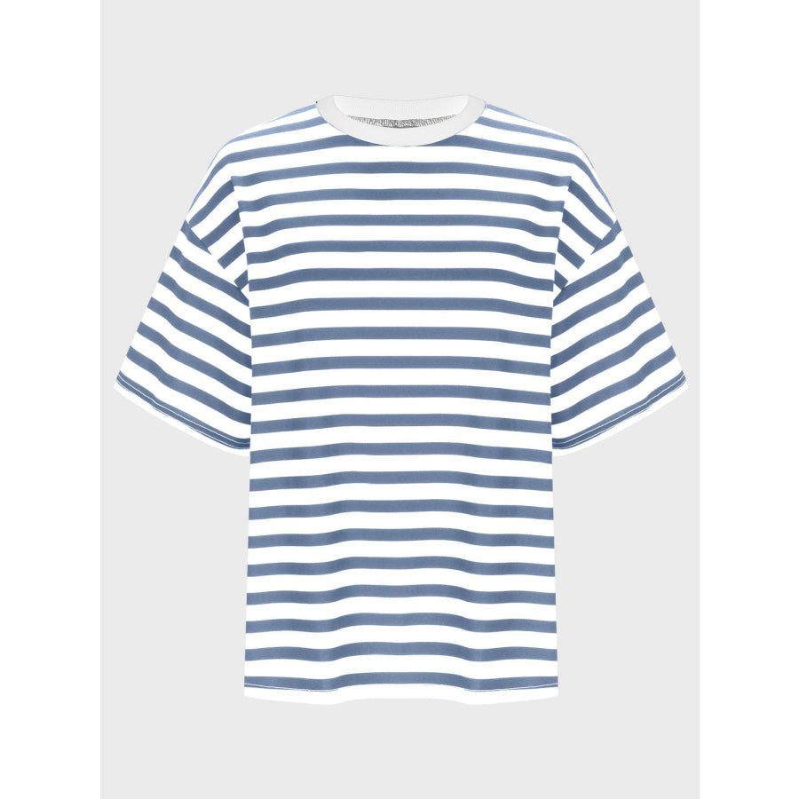 Striped Round Neck Half Sleeve T-Shirt Dusty Blue / S Apparel and Accessories