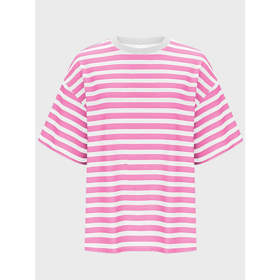 Striped Round Neck Half Sleeve T-Shirt Fuchsia Pink / S Apparel and Accessories