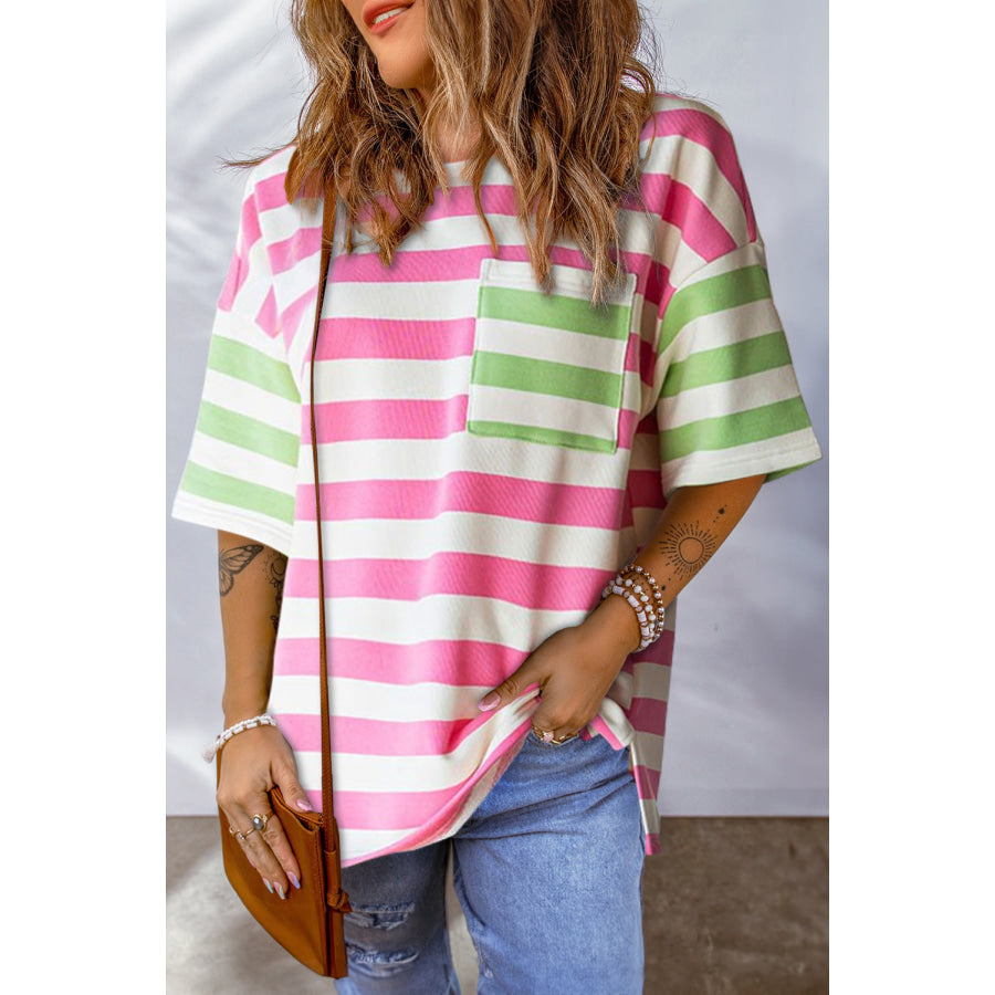 Striped Round Neck Half Sleeve T-Shirt Hot Pink / S Apparel and Accessories