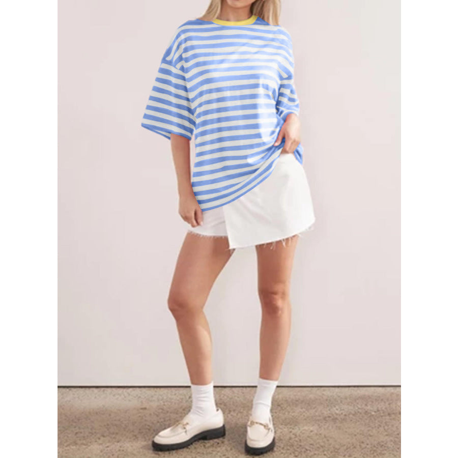 Striped Round Neck Half Sleeve T-Shirt Light Blue / S Apparel and Accessories