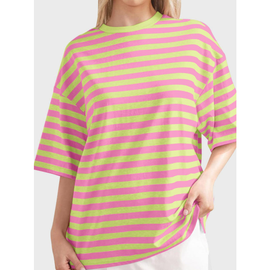 Striped Round Neck Half Sleeve T-Shirt Lime / S Apparel and Accessories