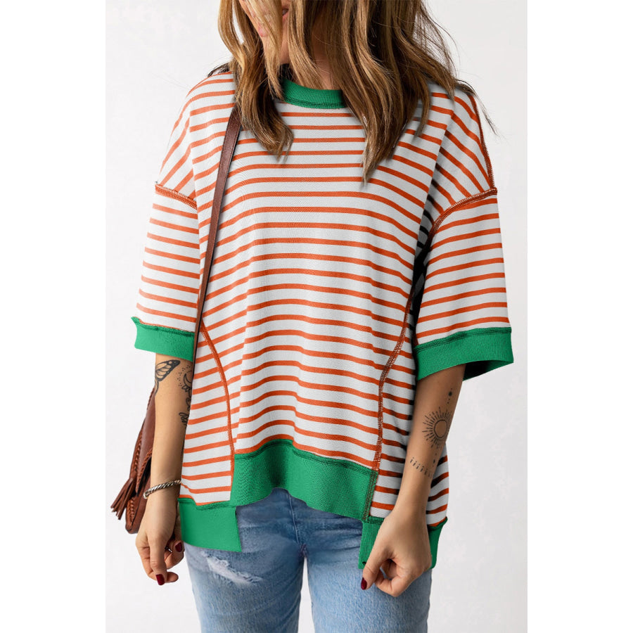 Striped Round Neck Half Sleeve T-Shirt Orange / 2XL Apparel and Accessories