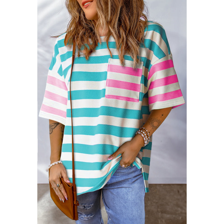 Striped Round Neck Half Sleeve T-Shirt Pastel Blue / S Apparel and Accessories