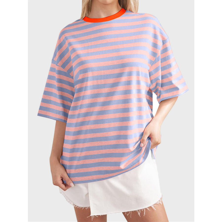Striped Round Neck Half Sleeve T-Shirt Sherbet / S Apparel and Accessories
