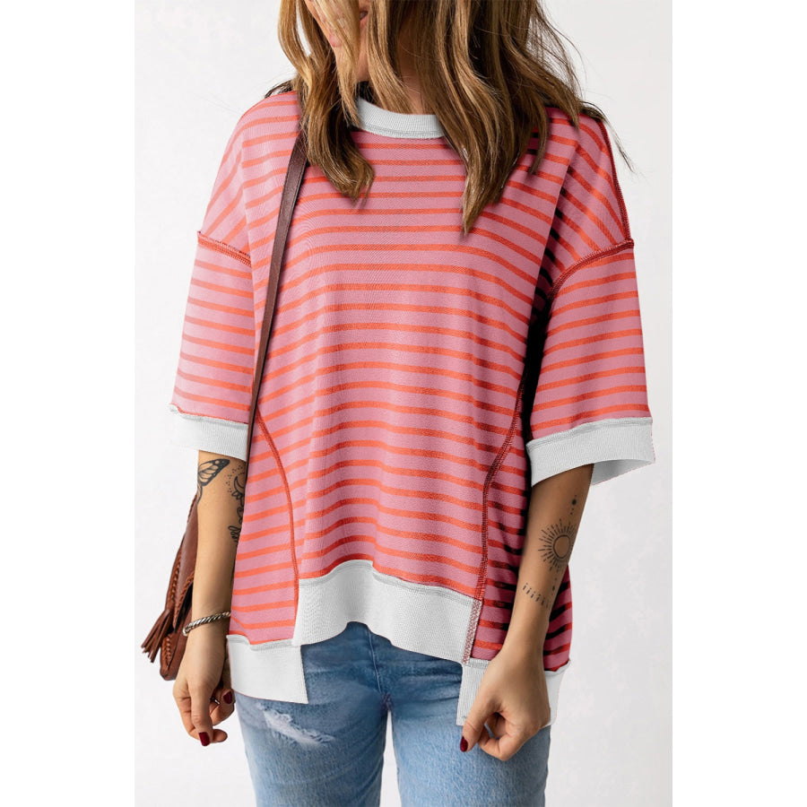 Striped Round Neck Half Sleeve T-Shirt Strawberry / S Apparel and Accessories