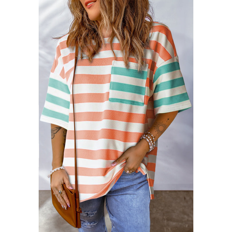 Striped Round Neck Half Sleeve T-Shirt Tangerine / L Apparel and Accessories