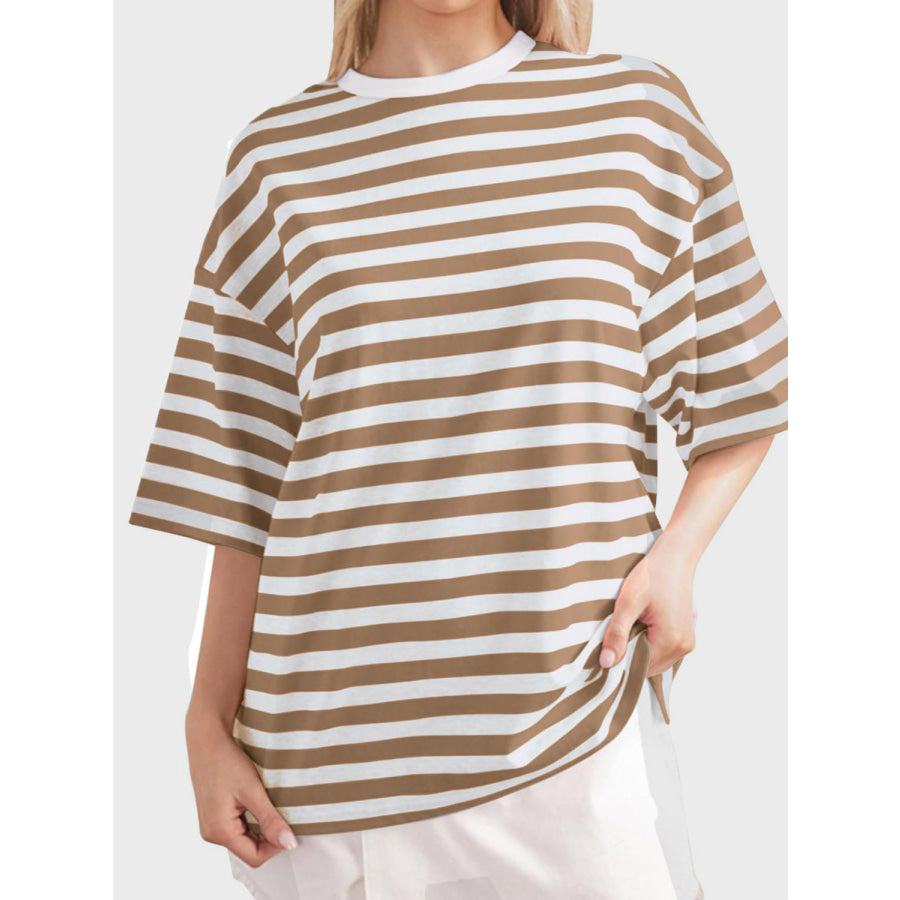 Striped Round Neck Half Sleeve T-Shirt Taupe / S Apparel and Accessories