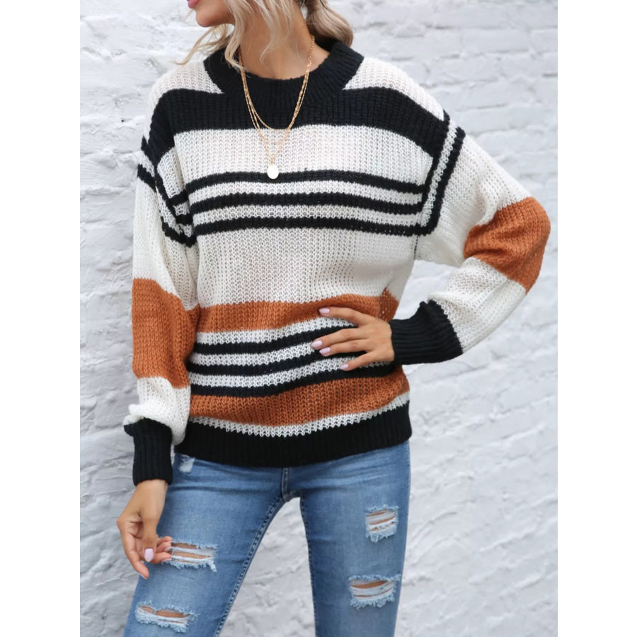 Striped Round Neck Knit Sweaer Apparel and Accessories