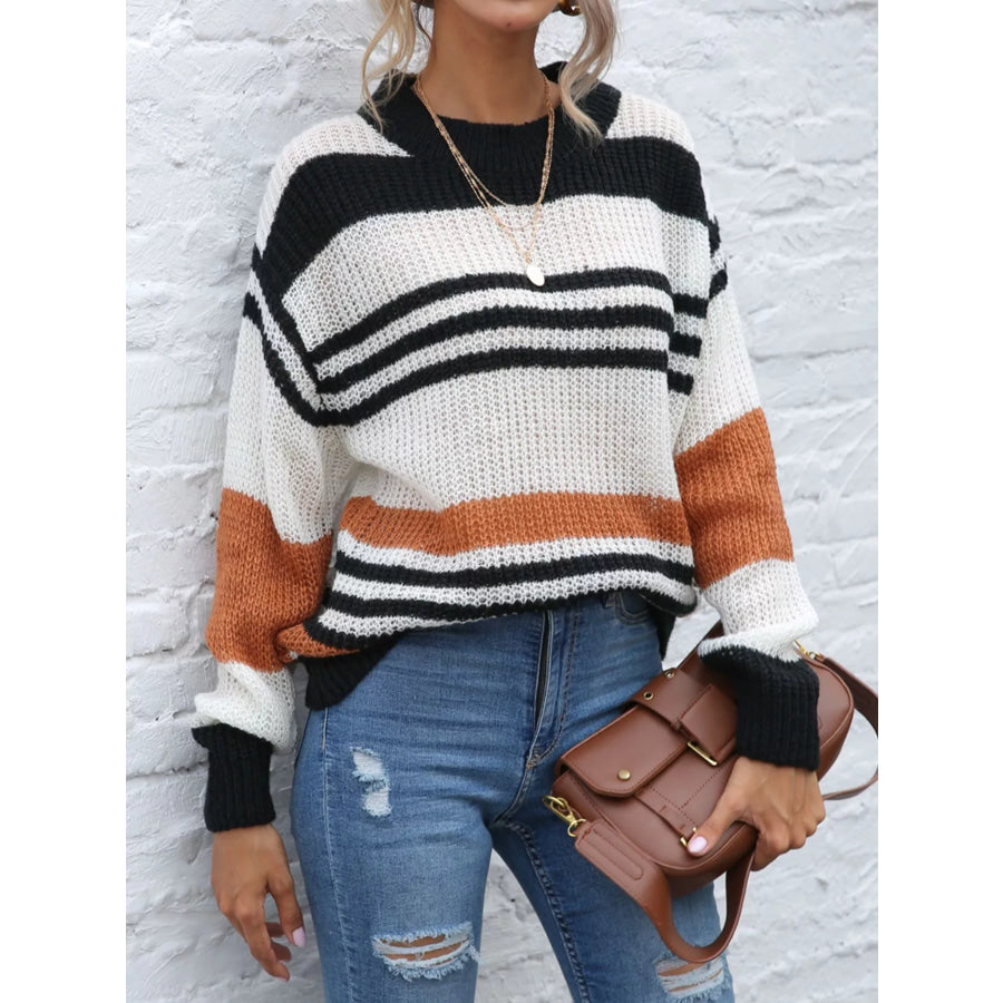 Striped Round Neck Knit Sweaer Apparel and Accessories