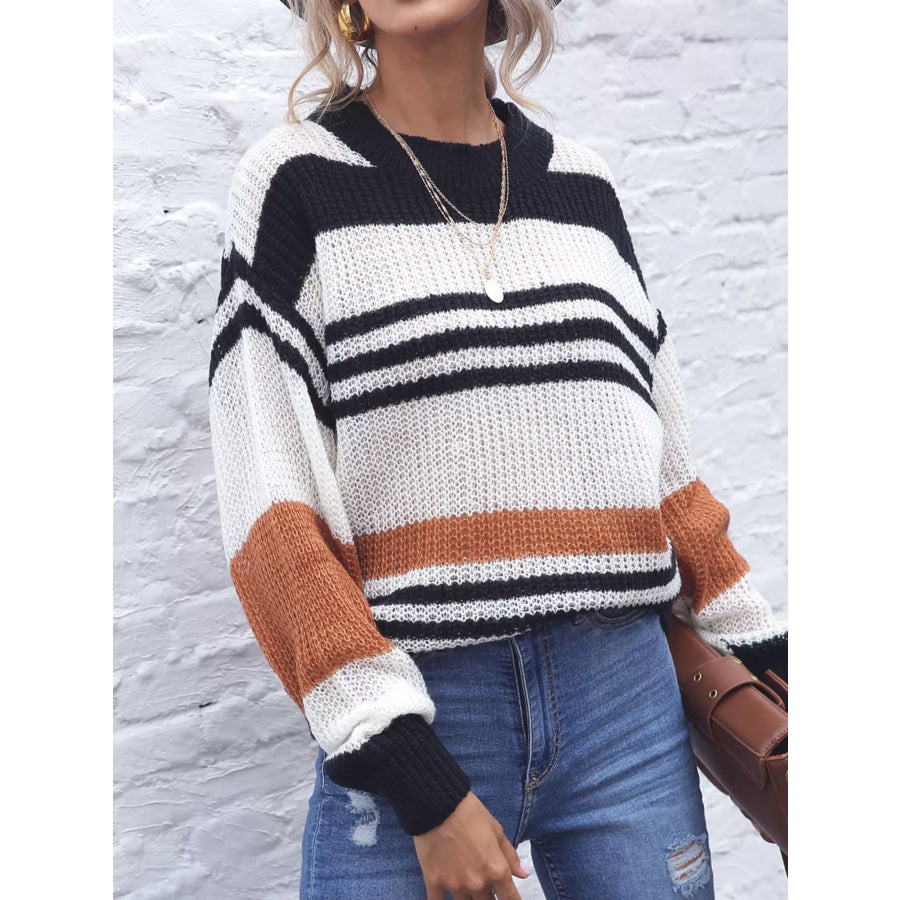 Striped Round Neck Knit Sweaer Beige / S Apparel and Accessories