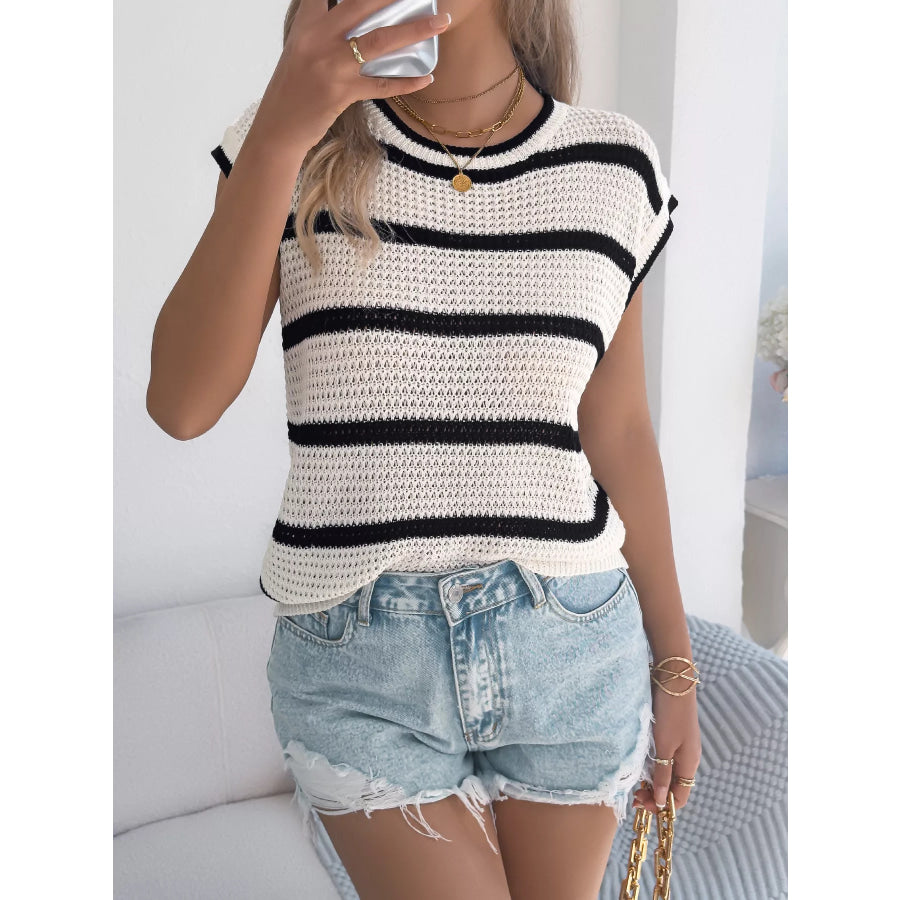 Striped Round Neck Knit Sweater Apricot / S Apparel and Accessories