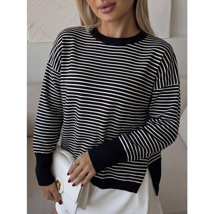 Striped Round Neck Knit Top Black / One Size Apparel and Accessories