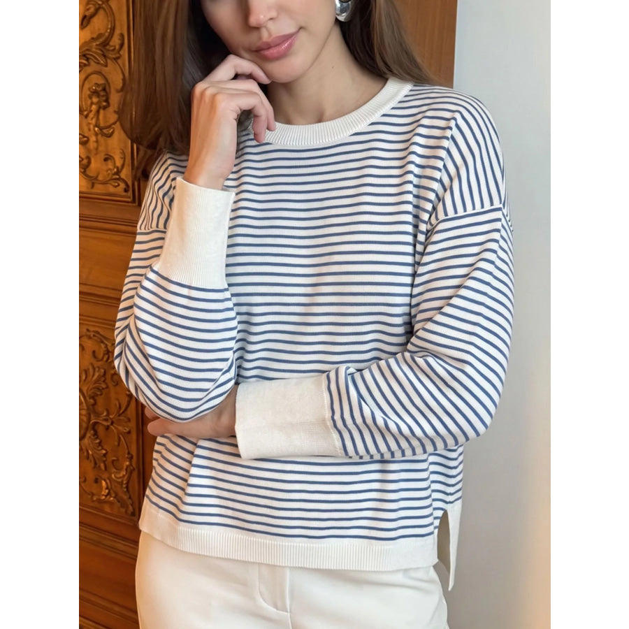 Striped Round Neck Knit Top Blue / One Size Apparel and Accessories