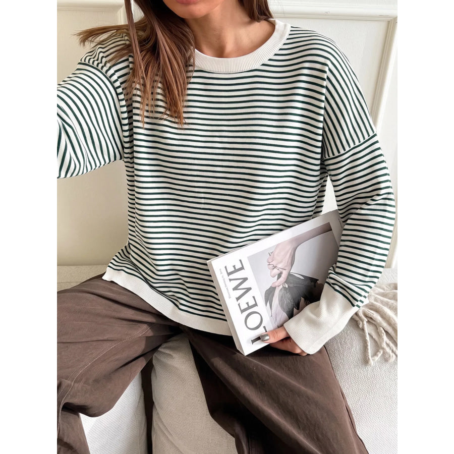 Striped Round Neck Knit Top Green / One Size Apparel and Accessories