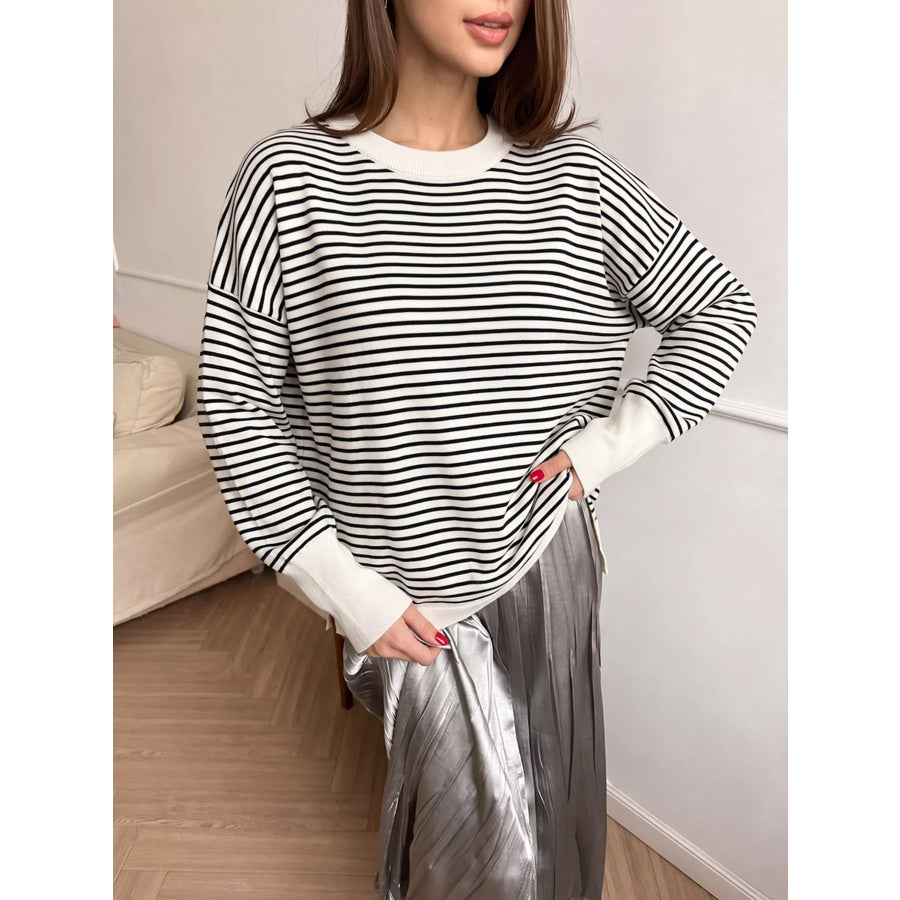 Striped Round Neck Knit Top White / One Size Apparel and Accessories