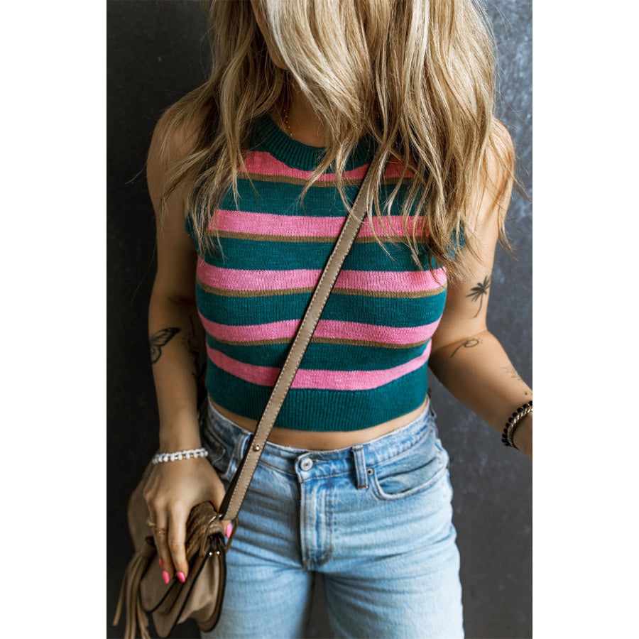 Striped Round Neck Knit Vest Apparel and Accessories