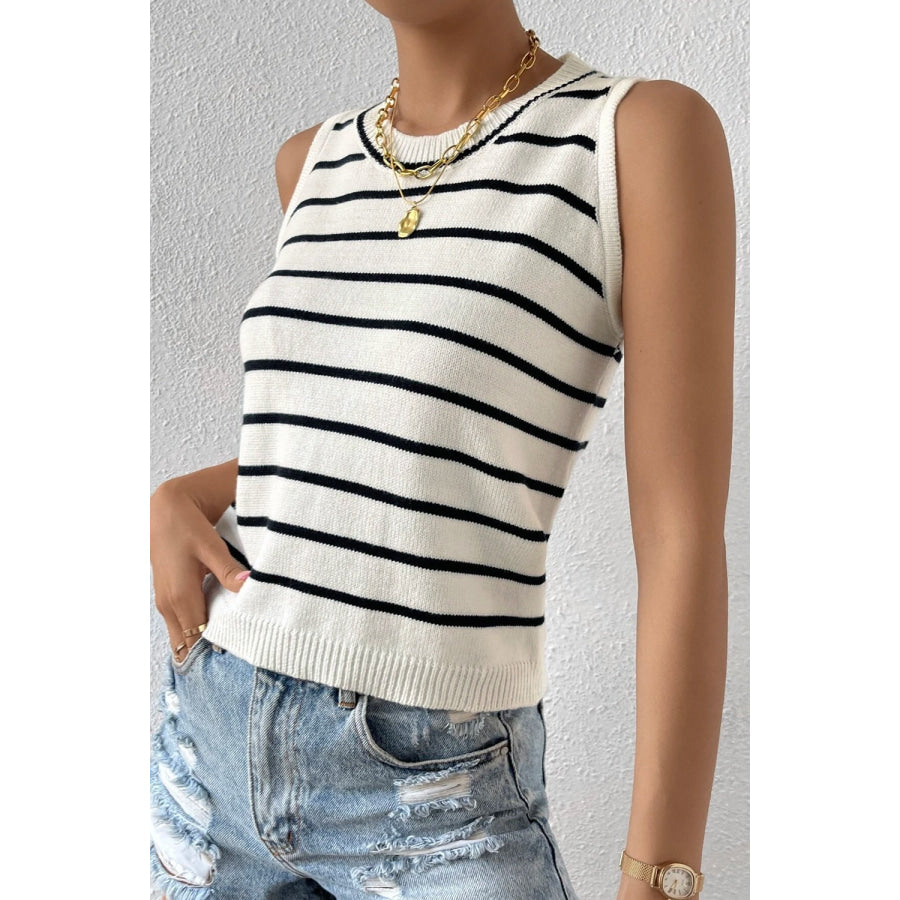 Striped Round Neck Knit Vest Stripe / S Apparel and Accessories