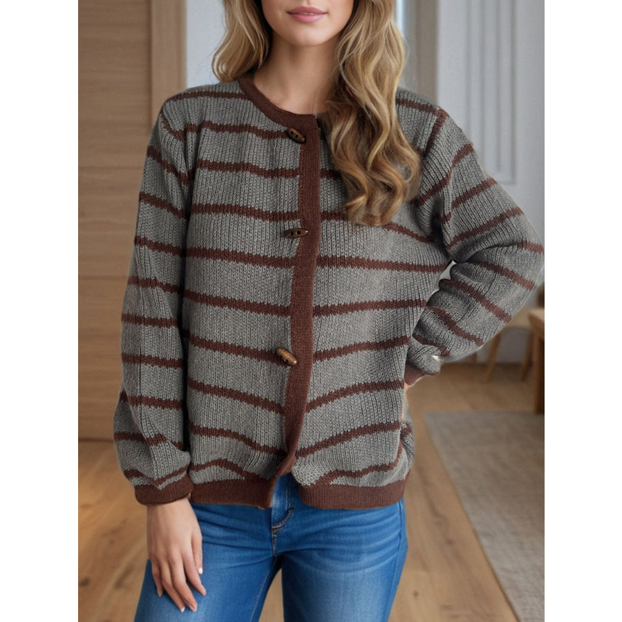 Striped Round Neck Long Sleeve Cardigan Apparel and Accessories