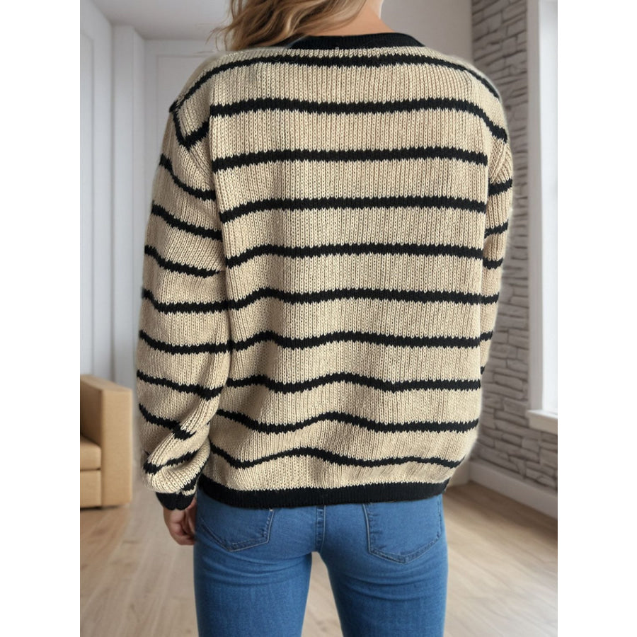 Striped Round Neck Long Sleeve Cardigan Apparel and Accessories