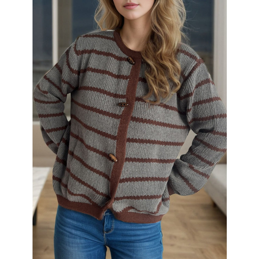 Striped Round Neck Long Sleeve Cardigan Apparel and Accessories