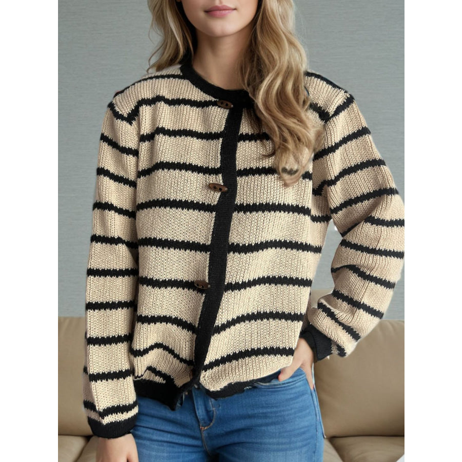 Striped Round Neck Long Sleeve Cardigan Apparel and Accessories