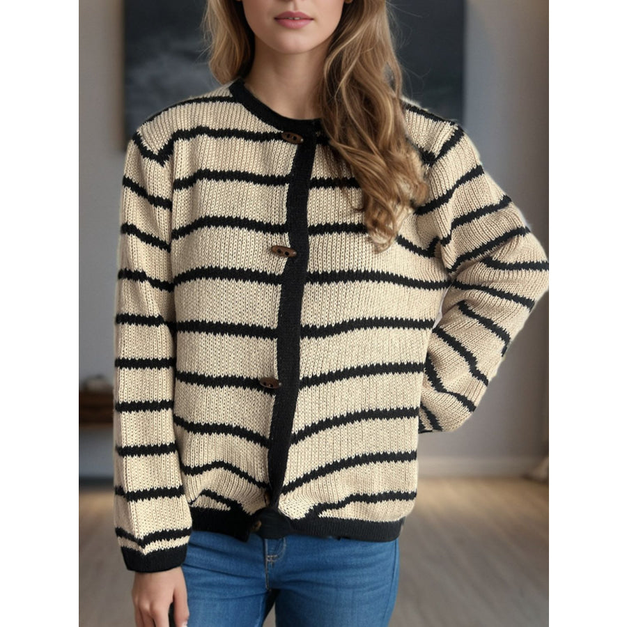 Striped Round Neck Long Sleeve Cardigan Apparel and Accessories