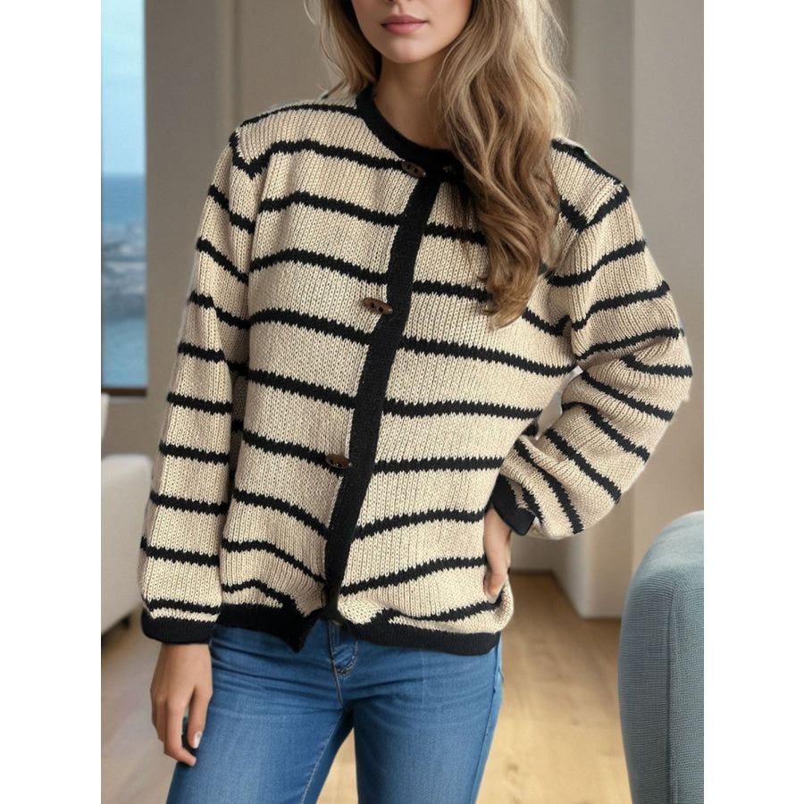 Striped Round Neck Long Sleeve Cardigan Tan / One Size Apparel and Accessories