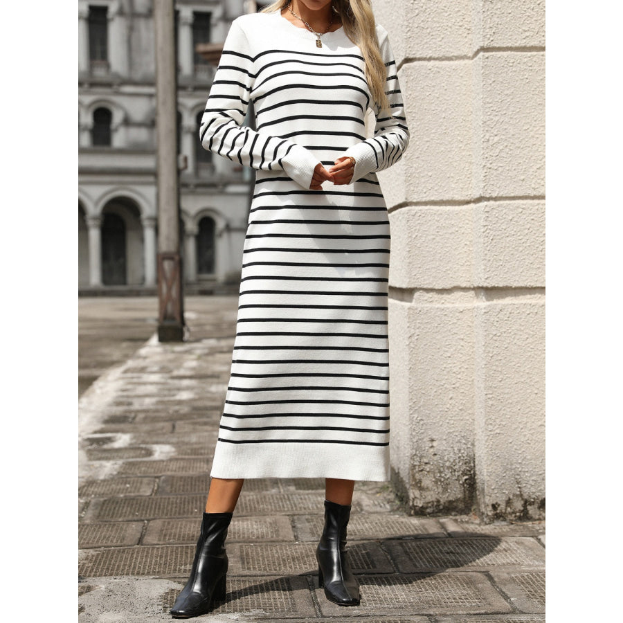 Striped Round Neck Long Sleeve Dress Apparel and Accessories