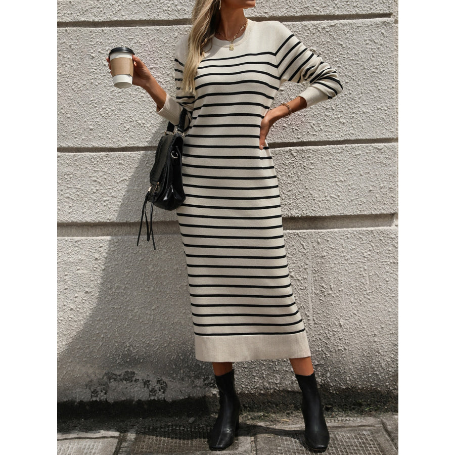 Striped Round Neck Long Sleeve Dress Apparel and Accessories