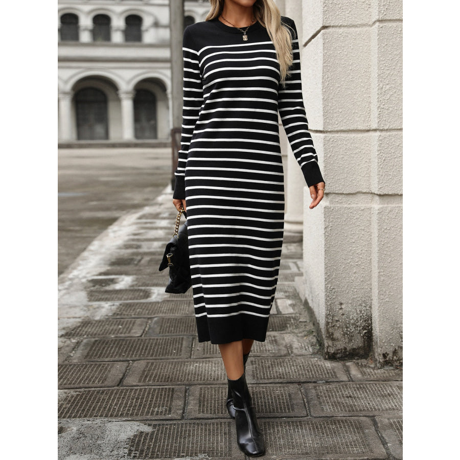 Striped Round Neck Long Sleeve Dress Black / S Apparel and Accessories